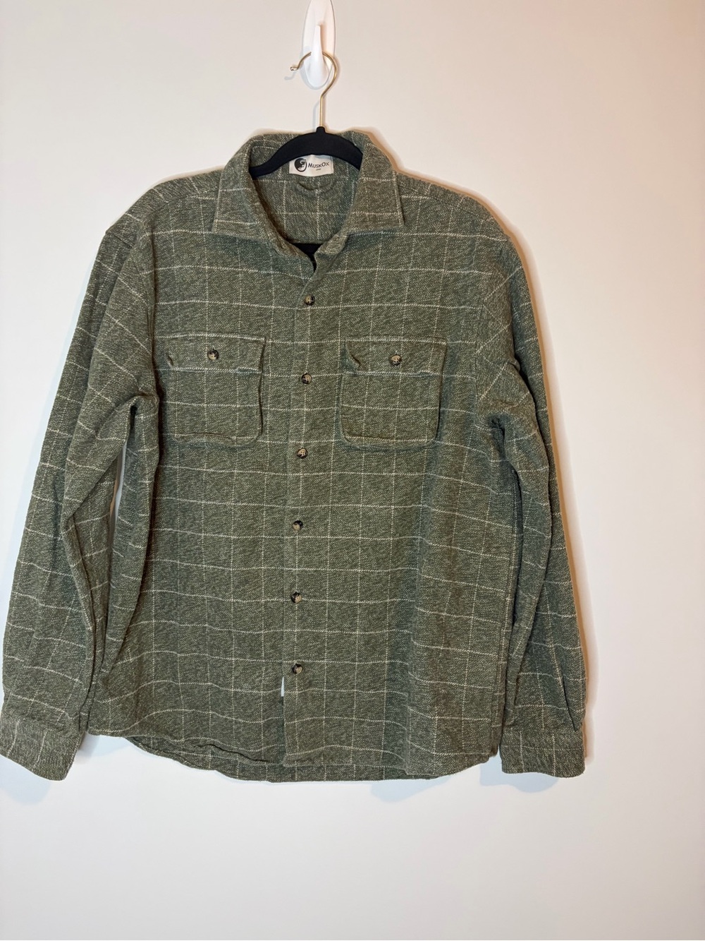 MuskOx Men's Heavyweight Flannel Shirt Size L Moss Green Grid Portuguese Cotton